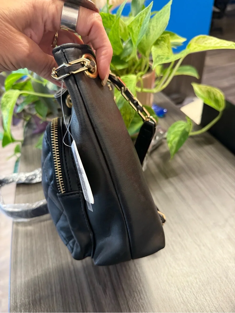 Free People Black Quilted Mini Backpack Bag with Gold Chain Straps